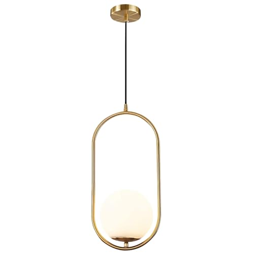 KCO Moderna lámpara colgante de globo de cristal de 1 luz, lámpara colgante dorada y blanca, lámpara colgante minimalista de mediados de siglo, iluminación colgante de latón cepillado para cocina,
