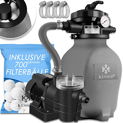 KESSER® Sistema de filtración de Arena Filtro de Arena + 700 g de Bolas de filtración reemplazan 25 kg de Arena de filtración válvula de 7 vías con indicador de presión Filtro de Piscina, Gris