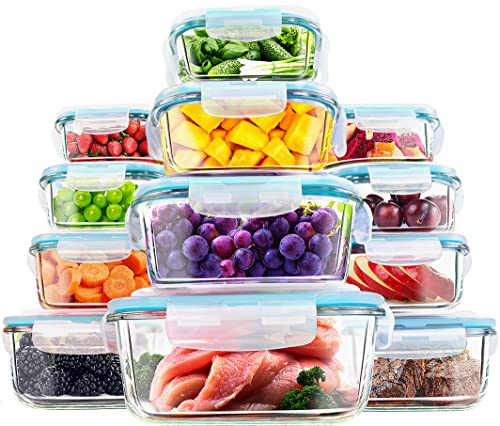 KICHLY - Glass Food Storage Containers - 12 Recipientes con tapa transparente Airtight Tapers Glass - aptos para lavavajillas, microondas, sin BPA - aprobados por la FDA y el FSC