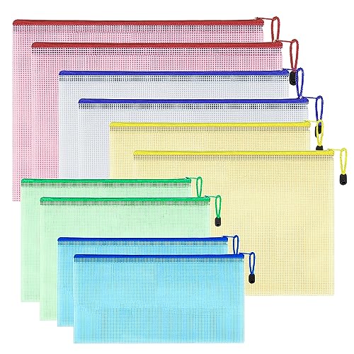 Kinretixia® 10 bolsas de malla con cremallera, bolsillos impermeables con cremallera, bolsillos de plástico impermeables para documentos, equipos de oficina y organización del hogar