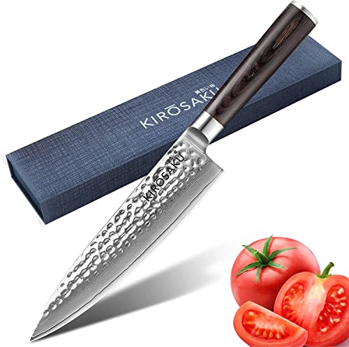 Kirosaku Cuchillo de Damasco Premium 20 cm – Cuchillo de Cocina Extremadamente Afilado de Acero de Damasco – Cuchillo Acero Damasco/Cuchillo de Cocina de Chef/Cuchillo de Sushi