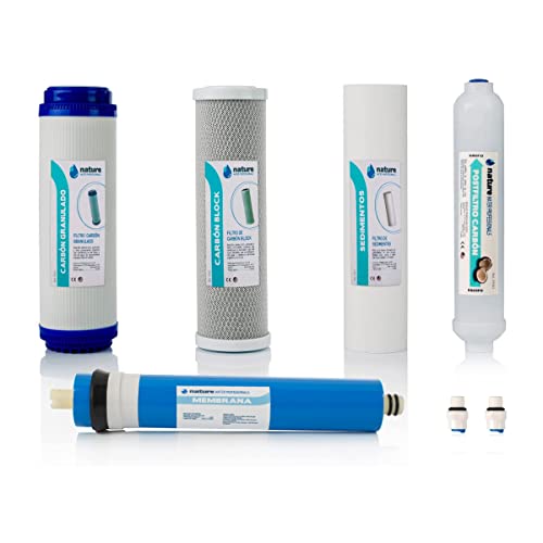 Kit de 4 Filtros Universales para Osmosis Inversa - Incluye Membrana para Equipo de 5 Etapas Universal y Conectores Postfiltro - 75GPD - Nature Water Professionals, Polipropileno.