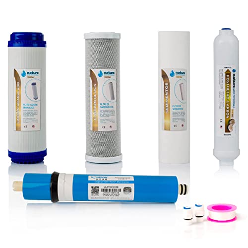 Kit de 4 Filtros Universales para Osmosis Inversa - Incluye Membrana Vontron y Rollo de Teflón - Ideal para Equipo de 5 Etapas Universal - 50GPD - Nature Water Professionals