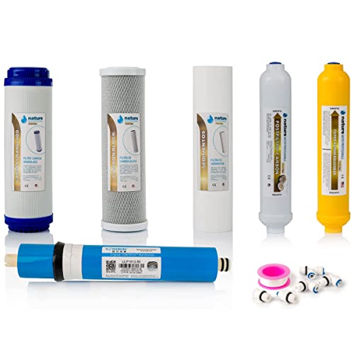 Kit de 5 Filtros Universales para Osmosis Inversa - Incluye Membrana Vontron de 50GPD, Rollo de Teflón, Conectores y T - Ideal para Equipo de 6 Etapas Universal - Nature Water Professionals