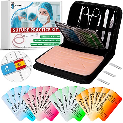 Kit de sutura quirúrgica para practicar | video de aprendizaje en español | 33 piezas en un estuche compartimentado | piel artificial | Regalo ideal para estudiantes de medicina y veterinarios (Negro)