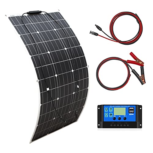 Kit flexible de panel solar de batería de panel solar de 100W 12V con controlador solar de 10A y cable adaptador de PV para caravana, autocaravana, RV, automóvil y carga de batería de 12 V (100)