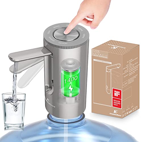 KitchenBoss-Dispensador de Agua Electrico-Bomba Agua Garrafa: Dosificador Portable, Carga Tipo C, para Botellas de 3.8-18.9 litros, Gris Plateado