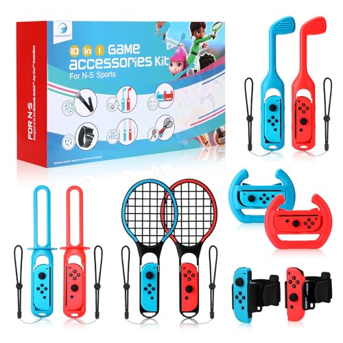 Kits de accesorios para Nintendo Switch, 10 en 1 Accesorios de Juegos Deportivos Switch Sports, Family Party Pack para Switch Deportivos OLED con Palos de Golf, Raquetas de Tenis, Volante, Espadas