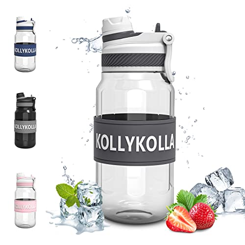 KollyKolla Botella Agua 1 Litro, Botella de Agua Deportiva con Pajita Tritan sin BPA, Reutilizable Botellas de Agua, Botella Agua Gimnasio para Niños & Adultos, Deporte, Oficina