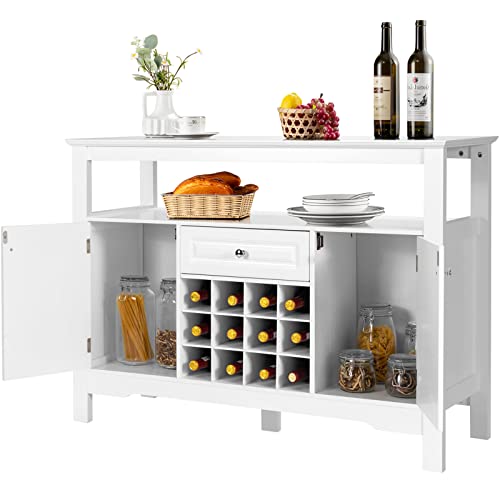 KOMFOTTEU Armario de cocina multioso con 2 puertas, 1 cajón, 12 cubos de vino, 2 estantes, armario de salón, armario de cocina, ahorro de espacio de madera, 116 × 40 × 82 cm