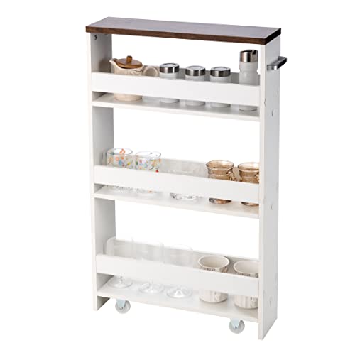 KOMFOTTEU Carrito de Cocina de 4 Niveles, Carro Auxiliar Estrecho con Ruedas, Estante Nicho con Asa, Mueble de Almacenaje Ahorra Espacio para Cocina, Baño, Oficina, 47,5x13x80,5cm (Blanco y marrón)