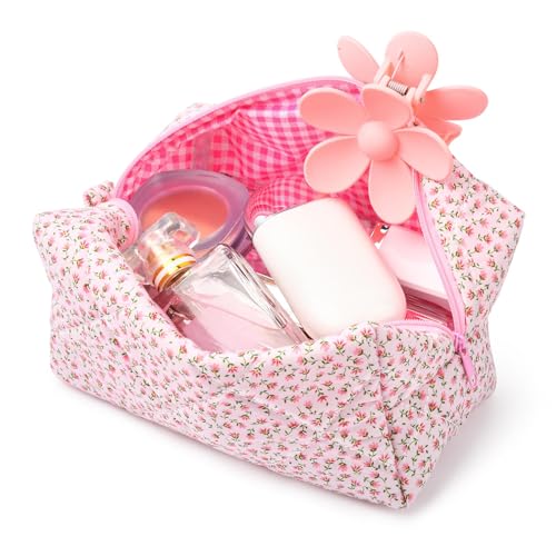 Kryzalite® Bolsa de maquillaje acolchada con diseño floral de gran capacidad, material de algodón suave para brochas de maquillaje y artículos de belleza (rosa)