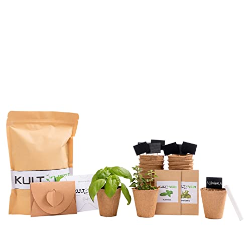 KULTIVERI Set de Cultivo con Macetas de Germinación Biodegradables. CREA tu Propio Huerto en Casa. (Albahaca y Orégano)