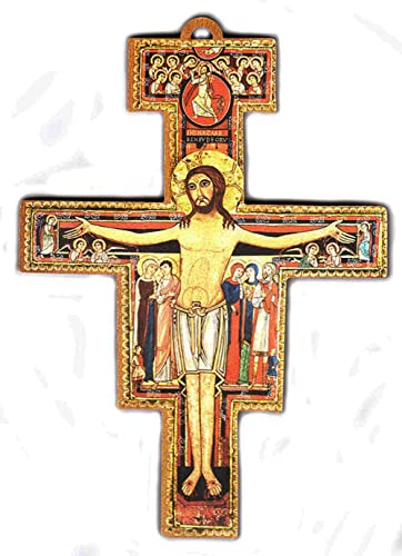 Kustom Art Cucuba Crucifijo San Damiano sobre madera multicapa impresión láser barnizada acabado nogal antiguo artesanal italiano de pared (8,5 x 6,5 x 0,5)