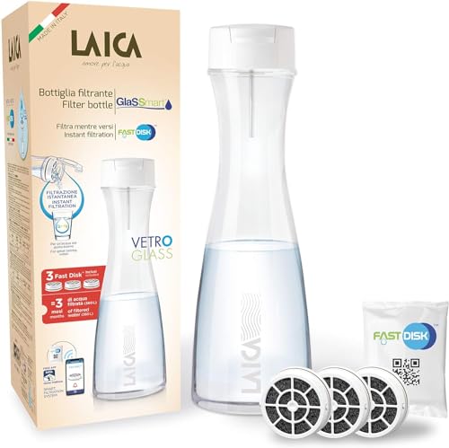 Laica Botella filtrante de Cristal Glassmart, 3 filtros Fast Disk incluidos, 360 litros de Agua filtrada instantáneamente, Reduce el Cloro, Mejora el Sabor del Agua, 100% Fabricado en Italia
