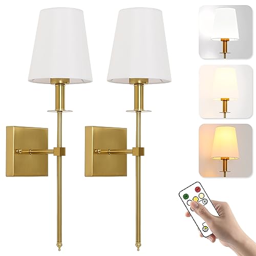 Lámpara de Pared LED, Apliques Pared Interior con Batería, USB Recargable Lampara Pared Sin Cables con Mando a Distancia, Pantalla de tela Blanca, para Dormitorio Salón Pasillo Escalera, 2 Piezas Oro