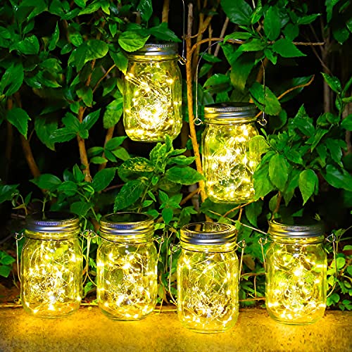 Lámparas Solares para Jardín - Paquete de 6 Lámparas Solar Mason Jar 30 LED Impermeable Luces para Exteriores Luz Decorativas de Hadas para Árbol Terraza Navidad Fiesta (A-Blanco Cálido)