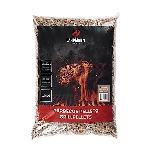 LANDMANN Pellets para barbacoa de roble de 10 kg, para el toque especialmente ahumado, adecuado para ahumadores, barbacoas de pellets y de carbón vegetal y hornos de pizza, bajo consumo, ideal también