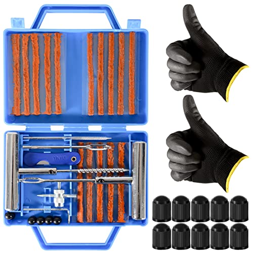 LAOYE Kit de Reparación de Neumáticos 34PCS Kit Repara Pinchazos Coche Kit Reparacion Neumaticos Coche, Kit Reparacion Neumaticos Moto Coche Bicicletas Camiones con 2 Guantes y Tapas de Válvula