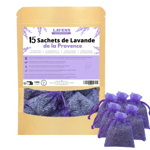 LAVENS - 15 bolsitas de Lavanda perfumadas - Origen Provence France - 120G - Bolsa de Olor para Armario, Ropa y Armario. Bolsa de Lavanda Seca Desodorante Aroma Intenso.