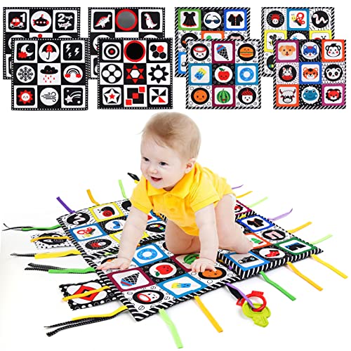 LEADSTAR Libro Bebe Blanco y Negro con Espejo Bebe Montessori, Juguetes Sensoriale Alfombra Juegos Bebes Tummy Time Manta Actividades Libros Texturas de Tela para Recien Nacido Niños 0-6 Meses, 4 PCS