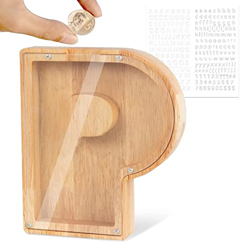 LEcylankEr Hucha para Niños, Huchas de Madera con Letras de A-Z, Personalizadas de Hucha con Transparente Decoración, Regalos Creativos de Huchas para Cumpleaños, Festivales (P)