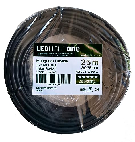 Led Light One Cable H05VV-F Manguera 3x0,75mm 25m (Negro) Tensión de servicio: 500v Temperatura máxima de trabajo 70º.Cables para instalaciones fijas y móviles en locales domésticos y oficinas.