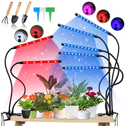 LED Luces de cultivo para plantas de interior,150 LEDs Lámpara de planta con 5 cabezas de cuello de cisne ajustables,10 niveles regulables crecer la luz con función de temporización 3 modos(2 Pack)