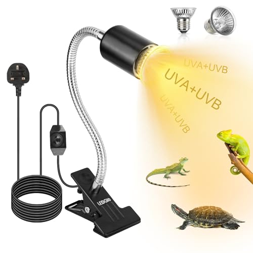 LEDGLE Lámpara de Calor para Reptil, UVA UVB, Dos Basking Iluminación de 25W y 50W, Pinza Giratoria de 360 Grados, Lámpara para Tortuga, Lagartos, Serpientes, Camaleones