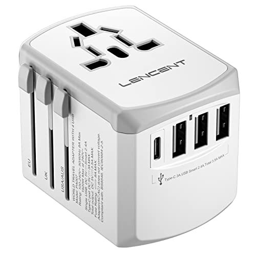 LENCENT Adaptador Enchufe de Viaje Universal, Cargador de Pared USB Internacional de 4 Puertos y Tipo C para EEUU/UK/EU/AUS Más de 200 Países para Teléfonos, Tabletas, Cámara y más, Blanco