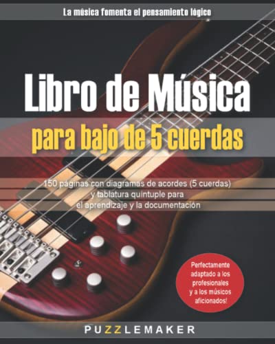 Libro de música para bajo de 5 cuerdas: 150 páginas con diagramas de acordes (5 cuerdas) y tablatura quíntuple para el aprendizaje y la documentación