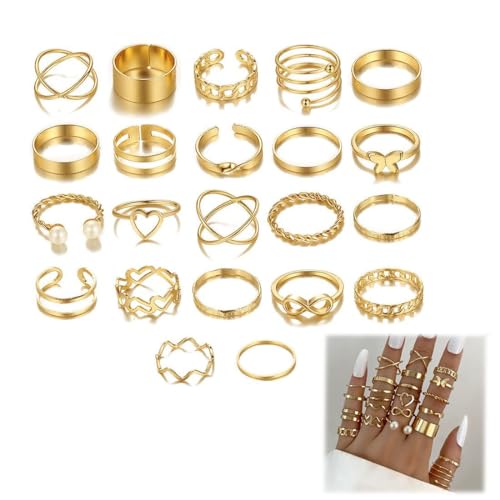 LICHUANUK 22 Piezas Vintage Nudillos Anillos Set,Ajustables Anillos Apilables Bohemio Vintage,para Mujer Niña Oro