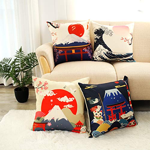 LIGICKY Fundas de almohada decorativas de lino de algodón de estilo japonés fundas de almohada cuadradas con estampado de montaña Fuji para sofá cama decoración del hogar (18 x 18 pulgadas juego de 4)