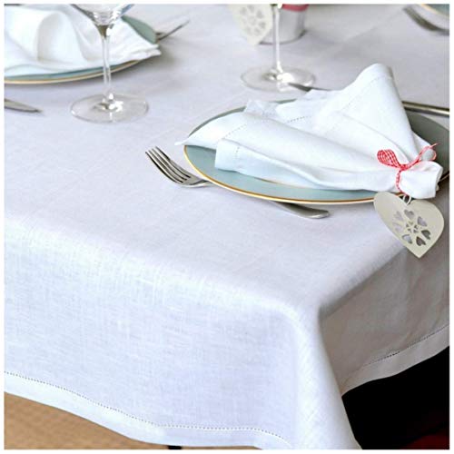 Linen & Cotton - Mantel FLORENCE Muy Elegante de Tela con Vainica, 100% Lino (143 x 143cm, Blanco)