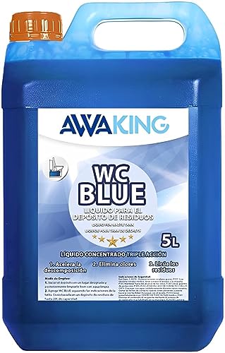 Liquido WC Quimico, WC Blue 5 L, Aditivo para Aguas Negras de Caravanas, Depósito de Residuos Autocaravanas, Sanitary Fluid, Altamente Concentrado, Líquido Potty, WC Quimico Autocaravanas