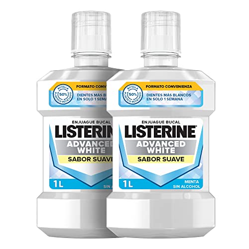 Listerine Enjuague Bucal, Advanced White con Blanqueador, Sin Alcohol, Efecto avanzado con blanqueador, Aliento Fresco, Menta, Multicolor, 1000 ml x 2