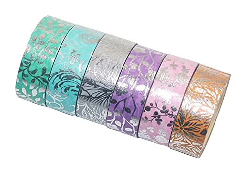LIXBD Cinta adhesiva decorativa Washi de plata, cinta adhesiva de embalaje, cinta adhesiva de papel adhesiva para bricolaje, álbumes de recortes, diario, regalo 6 piezas (color de la imagen 1,