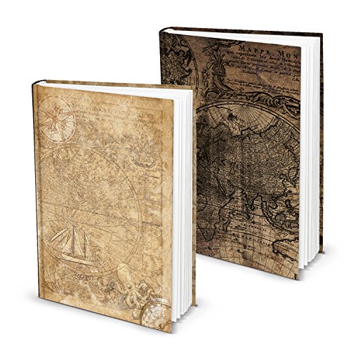 Logbuch-Verlag Pack de 2 libretas hojas blancas DIN A5 mapa mundi antiguo marrón y beige de tapa dura - libreta cuero vintage – cuaderno vintage a5