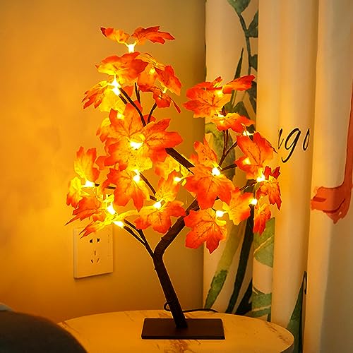 Lotvic 24 ledes de hoja de arce para árbol de luz, USB para escritorio, hojas de arce, luz de árbol blanco cálido, decoración de otoño, lámpara de árbol bonsái, perfecta para Acción de Gracias,