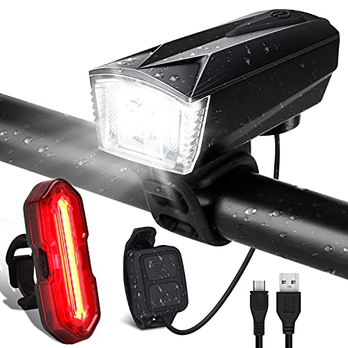 Luces Bicicleta Delantera y Trasera Impermeable IP65, Luz Bicicleta LED Recargable USB, con Control Remoto de Bocina/Luces, Giratoria 360 °, 6+5 Modos, para Carretera y Montaña