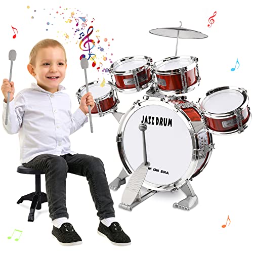 m zimoon Batería de música para niños Kit, Juego Tambor Jazz Junior 5 Tambores con Taburete Para Instrumento Musical de Percusión Día ​Festivo Regalo uguete Educativo Por Niños Y Niñas Principiantes