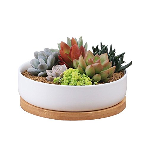 Macetas de cerámica Y&M(TM) para flores, blanca, rectangular, con base de bambú, Round