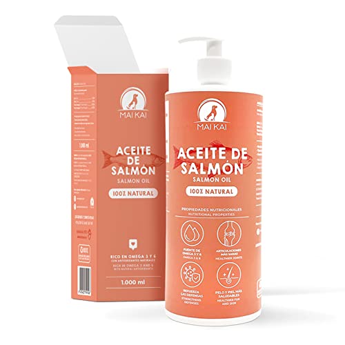 MAIKAI Aceite de Salmon Perros y Gatos (1 Litro) - Antiinflamatorio para Perros - Omega 3 y 6 - Piel Sana y Pelo Brillante - Vitaminas y Calcio - 100% Natural