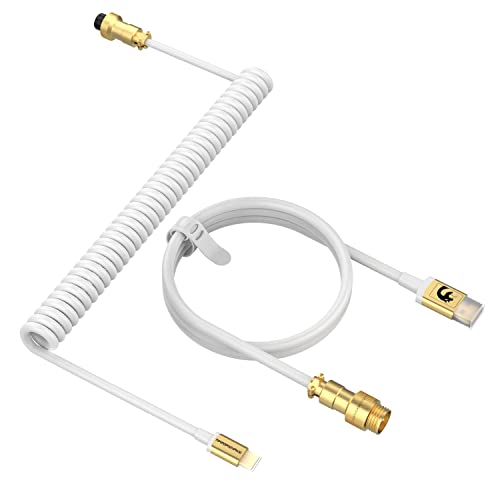 MAMBASNAKE C02 Cable Teclado Espiral, Cable USB C para Teclado Gaming, Cable Aviador para Teclado Mecánico, Tipo C a USB A, TPU Coiled Cable con Conector de Aviación de Oro Desmontable - Blanco