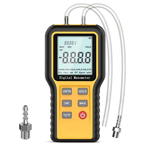 Manómetros, Portátil Manómetro Comprobador de presión de gas manómetro doble puerto medidor de gas HVAC Tester12 unidades seleccionables Manómetro portátil digital (±20,68 kPa / ±2,999 psi)
