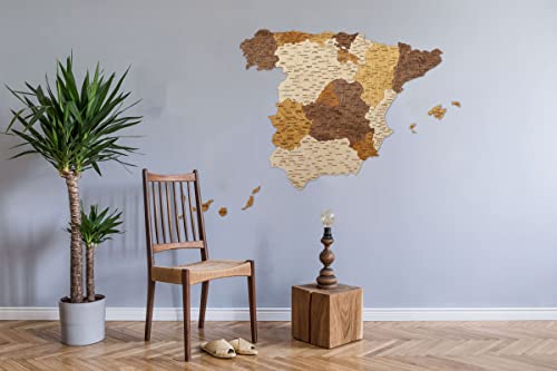 Mapa de madera 2D de España - Mapa de varias capas, madera teñida multicolor, nombres grabados, decoración de pared para su oficina, sala de estar, pasillo (98 x 80 cm)