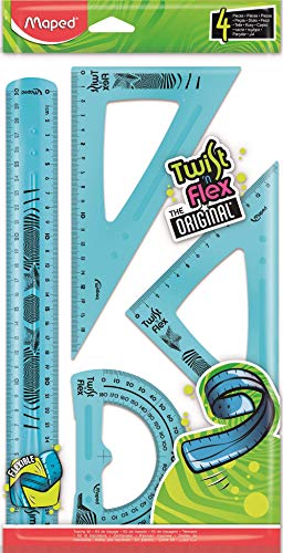 Maped - Reglas Escolares - Twist'n Flex Decor - Maxi Kit de 4 Piezas - 1 Regla de 30 cm, 1 Cartabón de 60°, 1 Escuadra de 45° y 1 Transportador de 180° - Material Flexible - Diseño Lúdico