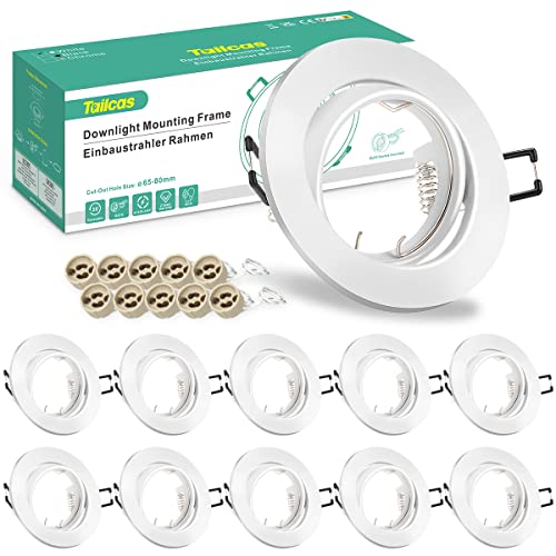 Marco Foco Empotrable GU10, 10 Pack Blanco Marcos Focos Downlight LED Empotrable Redondo con Portalámparas GU10, Corte Ф 65-80mm, Ángulo basculación 30°, Para 50mm Lámparas De Led O Halógena