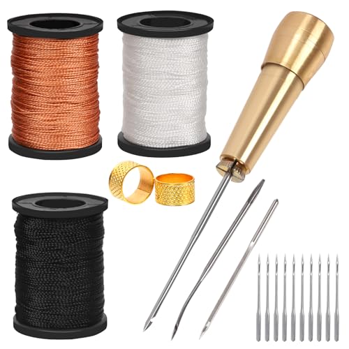Mardatt El kit de punzón de costura de cuero de 19 piezas incluye aguja de cuero con mango de cobre, herramientas de trabajo de costura de cuero con múltiples tipos de agujas, hilo encerado y dedal