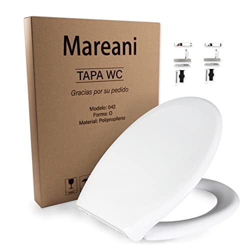 Mareani Tapa de WC. Asiento de inodoro universal en forma de O con cierre suave y lento, fácil montaje y limpieza. (450x370x50)mm